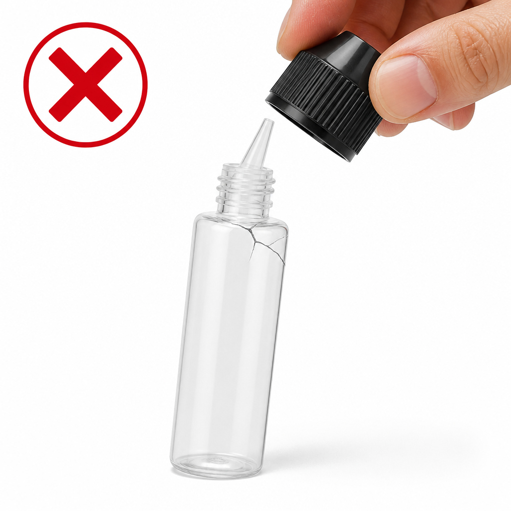 Wrong way to open a Chubby Gorilla bottle: pulling the cap at an angle cracks the plastic tip