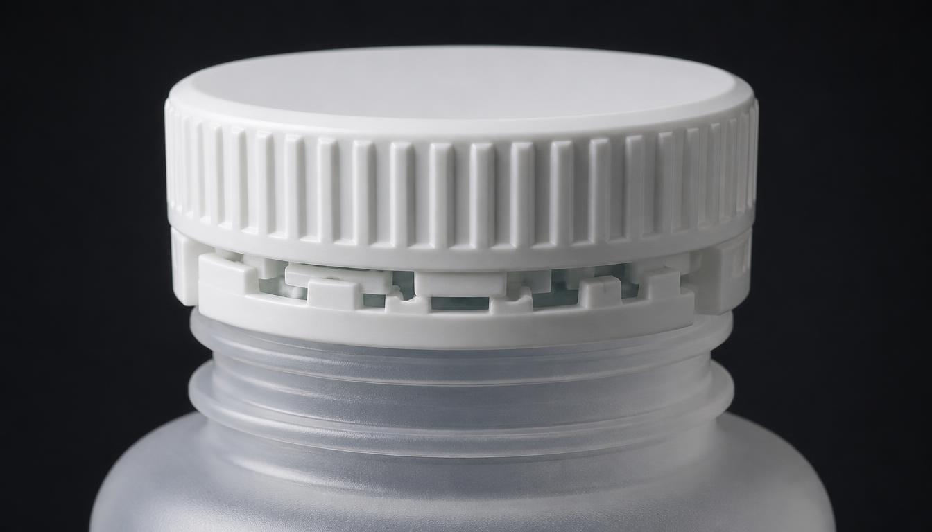 Close up of a Chubby Gorilla child-resistant push-and-turn cap on a frosted PET bottle neck