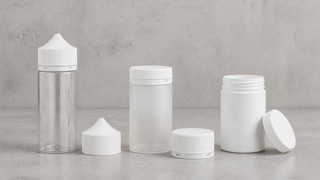Chubby Gorilla Unicorn, Aviator and Spiral child-resistant containers with certified closures side by side