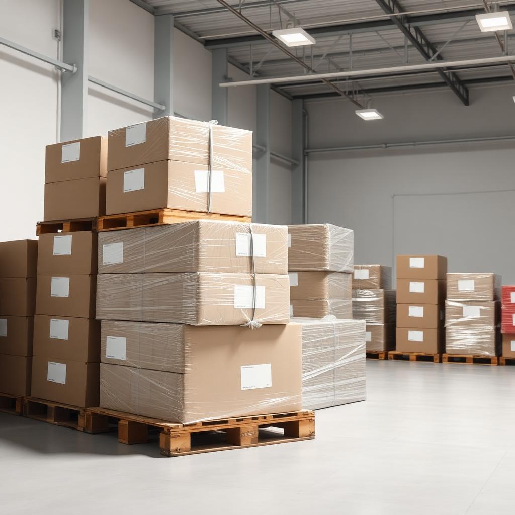 Chubby Gorilla packaging cases and shrink wrapped pallets in a warehouse